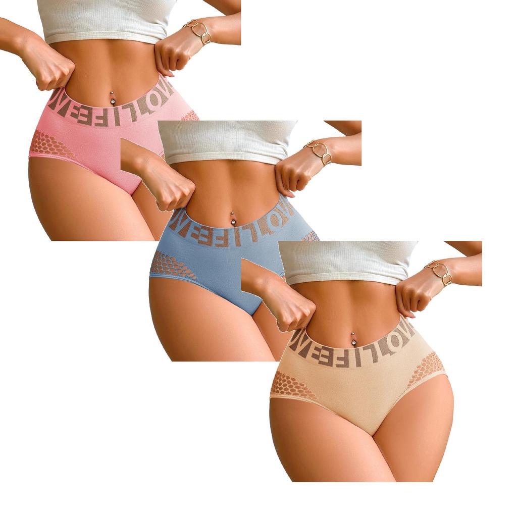 Women Seamless Mesh Hollow Out High Waist Letter Wide Band Panties 3 Pack Breathable Soft Fabric Comfortable Fit Underwear