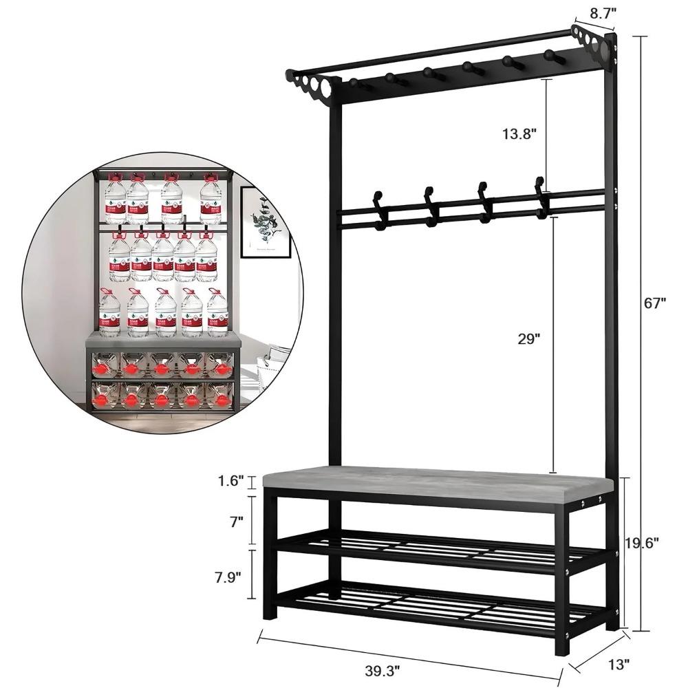4-in-1 Coat Rack with Bench, Industrial Entryway Hall Tree with 2 Tier Shoe Rack,Black