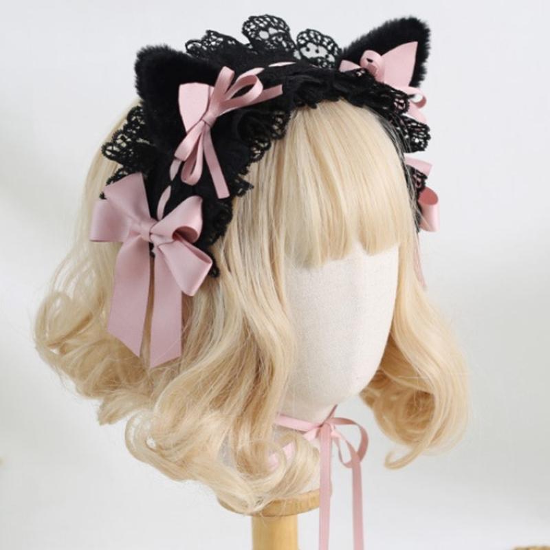 Elegant Anime Style Hair Accessory Featuring Gothic Cats Ears and Bows Design Safe Headdress Ideal for Daily Wear