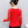Spring Autumn Women's Lace Sleeve Patchwork T-Shirt Elegant V-neck Tees Slim Ladies Tops With Rhinestone Flower