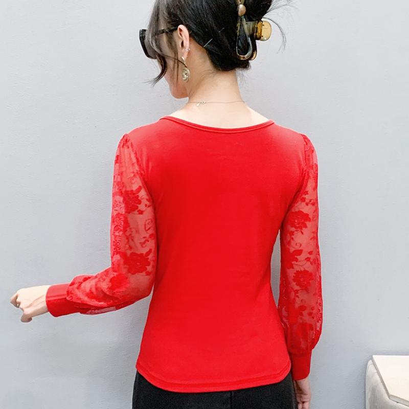 Spring Autumn Women's Lace Sleeve Patchwork T-Shirt Elegant V-neck Tees Slim Ladies Tops With Rhinestone Flower