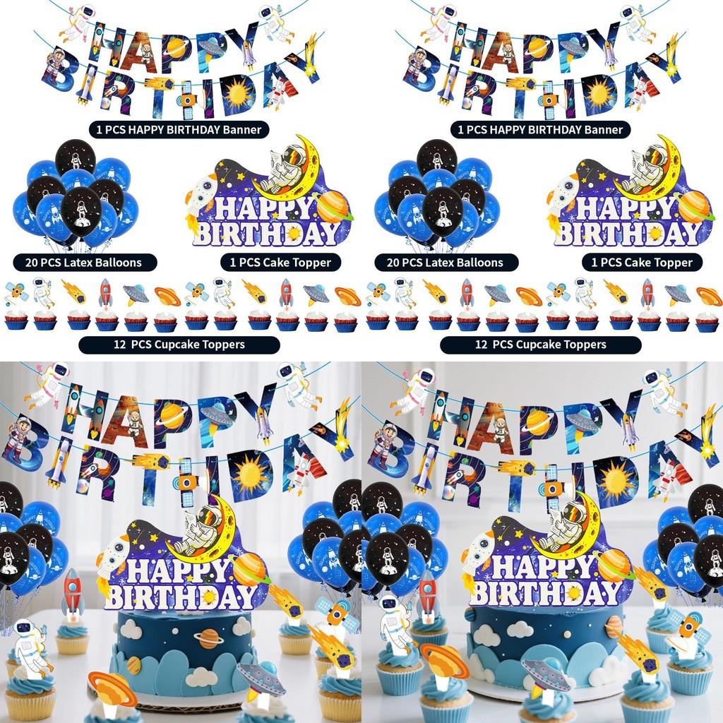 Space Theme Birthday Cake Topper With Rocket Flags For Party Decor