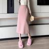 Women's 2025 Pink Wool High-Waist A-Line Midi Skirt for Autumn and Winter
