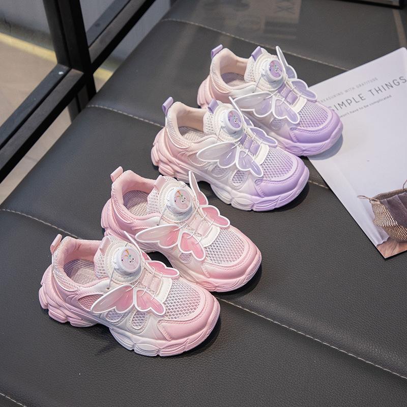 Girls sneakers 2025 rotating button shoes butterfly princess wind dad shoes breathable mesh children's casual shoes