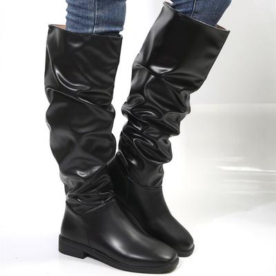 Mode Damen Hochwertige Leder Mid-Calf Stiefel Lässiger Anzug Herbststiefel Flache Mode Plissierte Runde Zehenstiefel Damen Plateau Schuhe