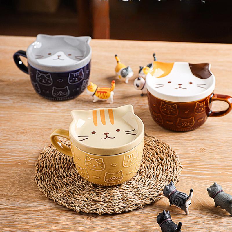 300ml Cute Ceramic Cat Coffee Mug with Lid,Kawaii Coffee Mugs or Tea Cups for Cat Lovers,Funny Novelty Cat Breakfast Mugs for Gift