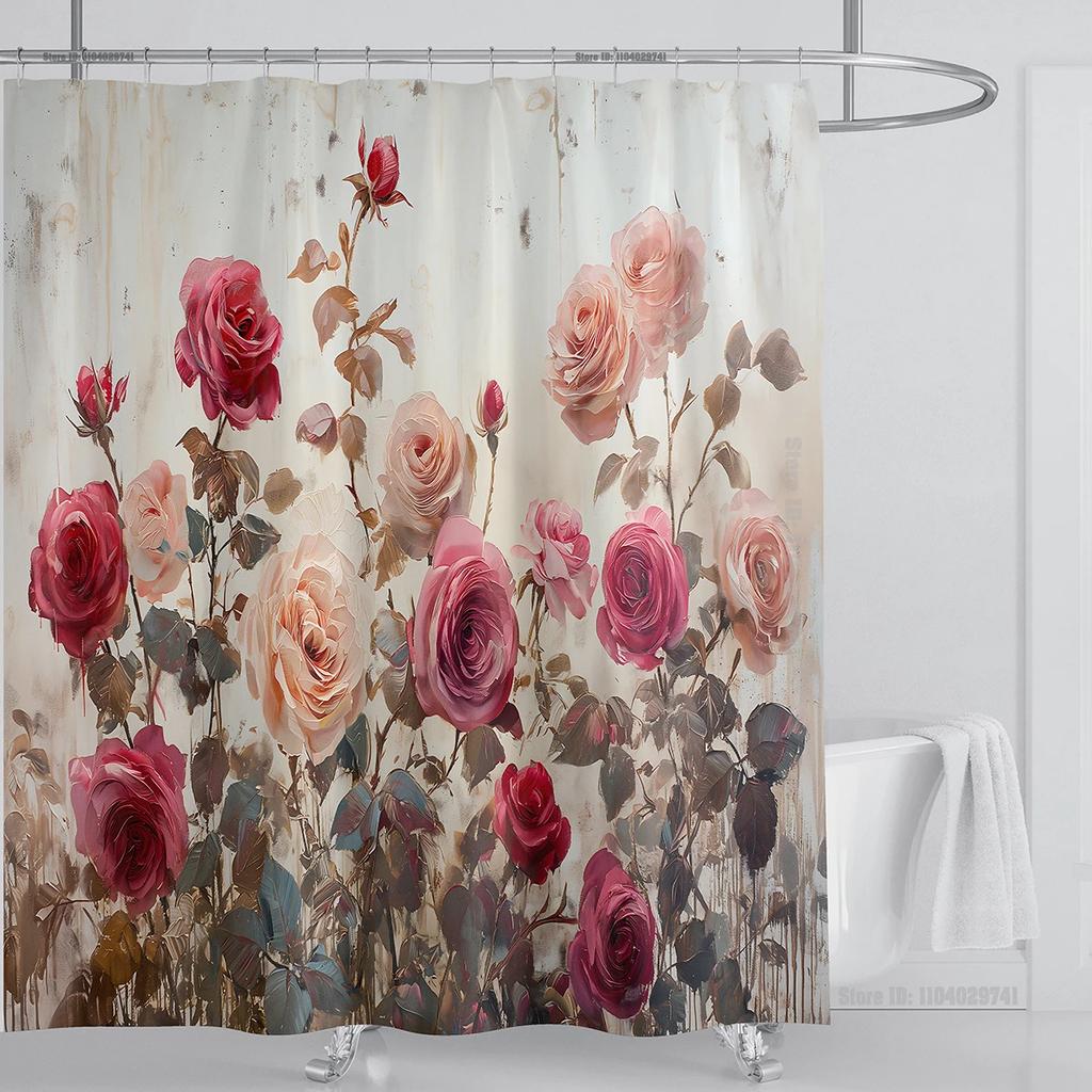 Rose Flower Shower Curtain Waterproof Shower Curtain Polyester Fabric 3D Printed Curtain Bathroom Decoration With Hook