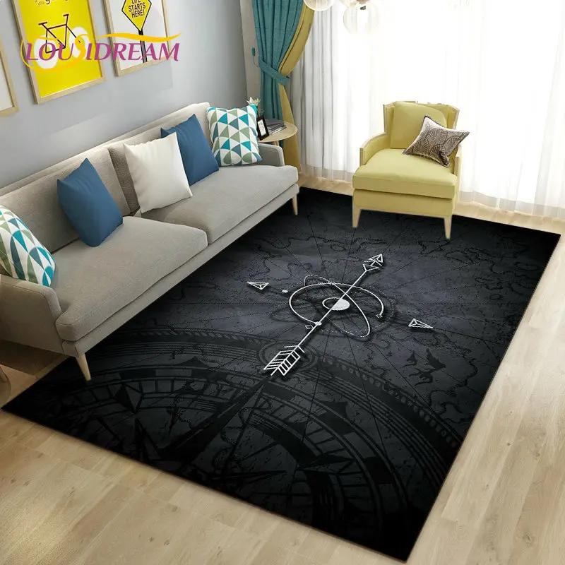 Alfombra retro con diseño de mapa del mundo vintage y brújula, para sala de estar, dormitorio, sofá, decoración, alfombra antideslizante para el suelo