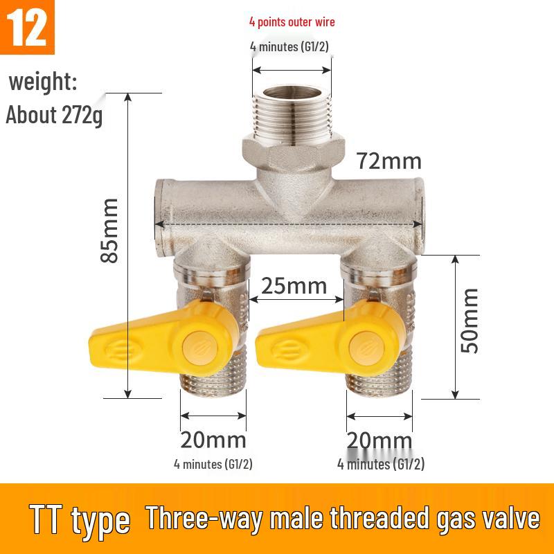 Telu Copper Gas Pipe Tee Valve, Y-Type 4-Point Ball Valve, One-in-Two Natural Gas Switch