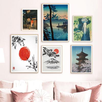 Japonské horské jezero Retro umění Krajina Obraz na plátně Nástěnné umění Bambusové květiny Sluneční plakát Dekorace obývacího pokoje Nástěnná malba