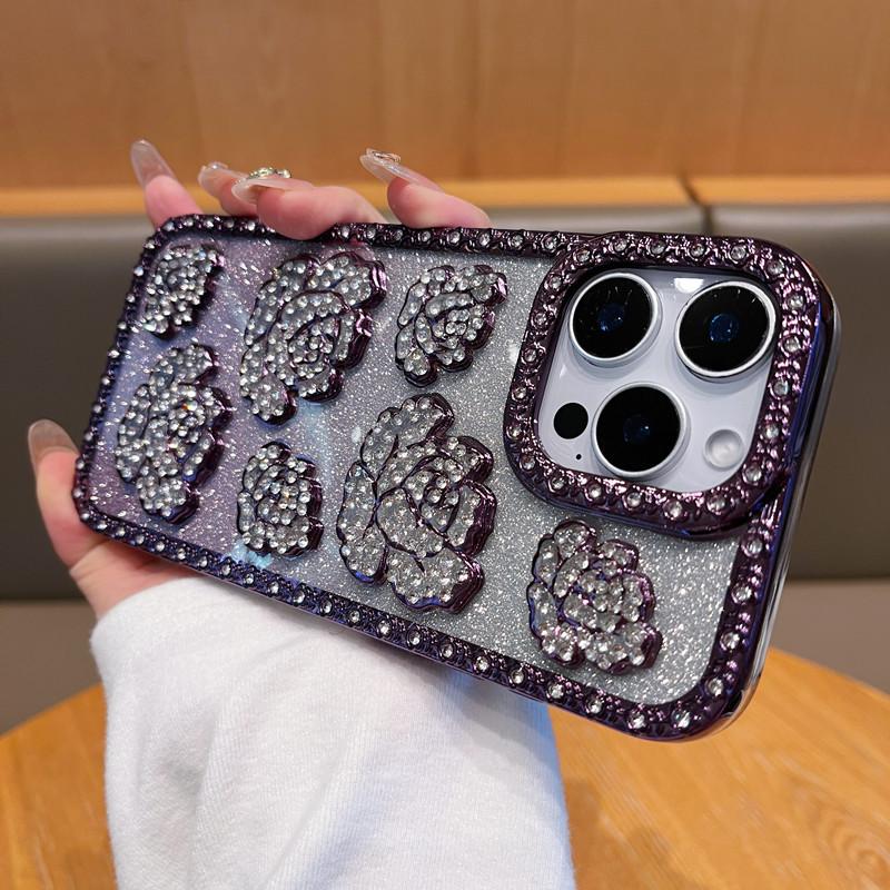 

Applicable To IPhone16ProMax Rose Mobile Case Inlaid with Rhinestones Apple 15 Luxury Electroplating 14 Protective Case iPhone12proMax