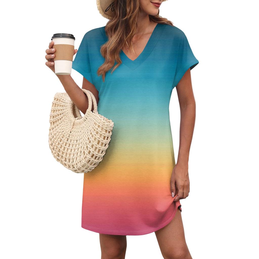 Women's Casual Fashion Sexy V-Neck Cap Sleeves Pocket Gradient Dress