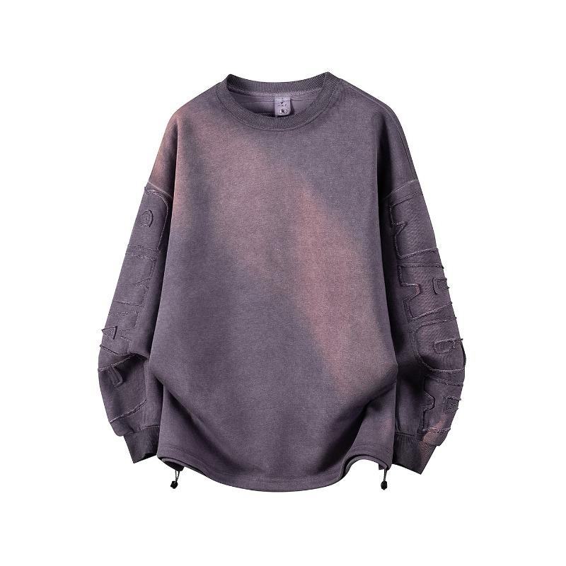 Men's Embossed Sleeve Crew Neck Sweatshirt, Gradient Wash Casual Pullover with Drawstring Hem, Oversized Streetwear Top for Spring & Autumn