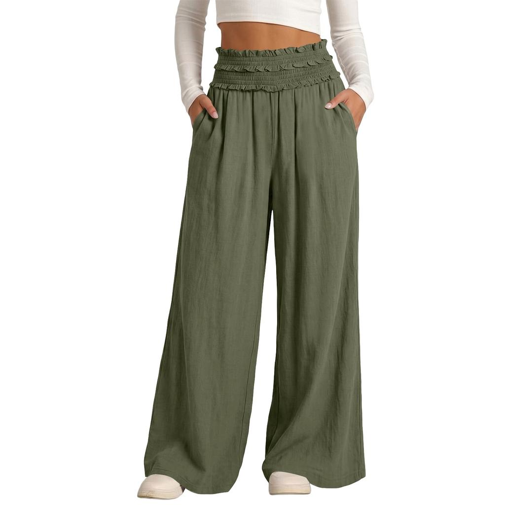 Women's Wide Leg Pants High Waist Loose Fit Pleated Bohemian Style Travel Casual Trousers with Pockets Summer Fashion Solid Color
