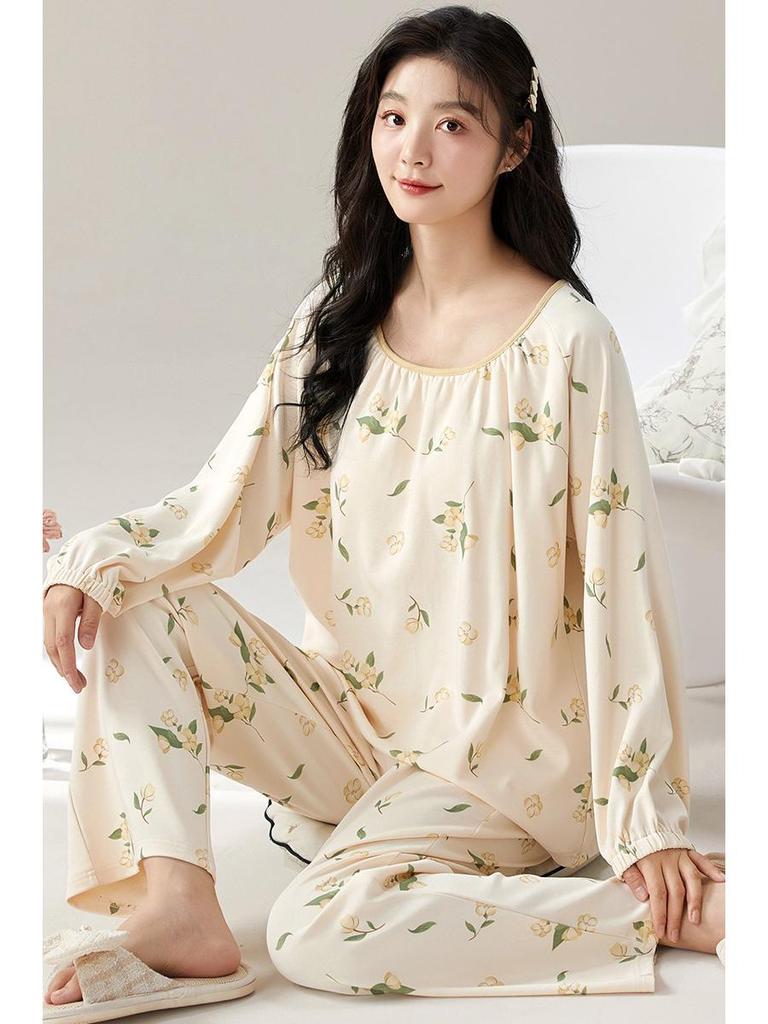 Dámské bavlněné pyžamo s dlouhým rukávem s kresleným potiskem na rok 2024: Tenký, nositelný venku, ideální pro podzim/zimu/jaro