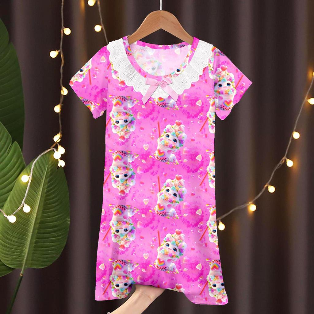 Lace Short Sleeve Cartoon Nightgown for Girls - Summer Pajamas