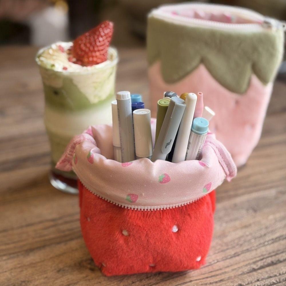 INS Pencil Case Strawberry Shape Large Capacity Pen Bag Standing Stationery Organizer Gift
