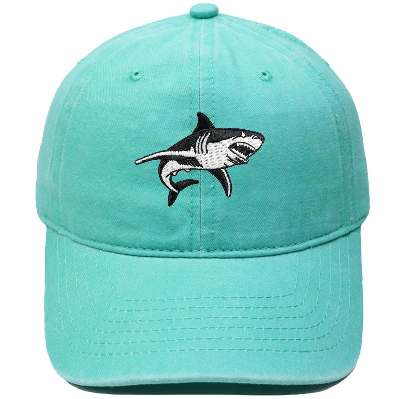Big White Shark Embroidered Baseball Cap Washed Vintage Daddy Hat Marine Animal Men's and Women's Casual Sun Hat
