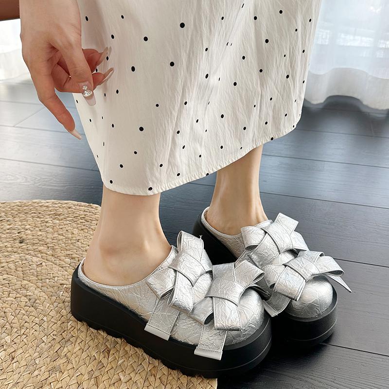 Fashion Summer Butterfly Knot Head Slippers Women Fashion Round Head Deep Mouth Waterproof Platform Non-slip Mid-heels