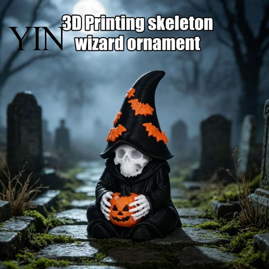 Atmospheric Entrance Decorations Halloween Skeleton Wizard Figurine, 3D Printed Gothic Statue with Mysterious Bookshelf Ornaments Pumpkin& Bat
