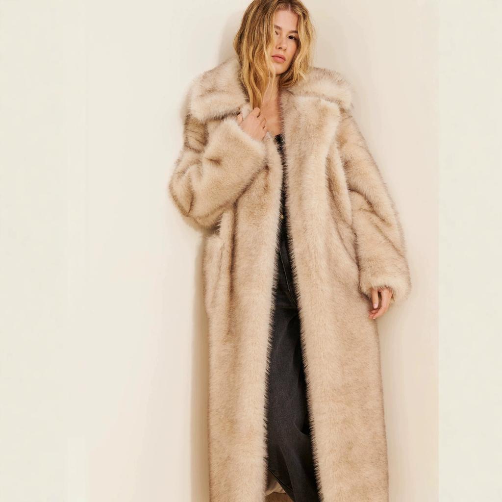 Women Long Faux Fur Coat Lapel Collar Loose Oversized Warm Plush Maxi Jacket Elegant Autumn Luxury Fur Outerwear