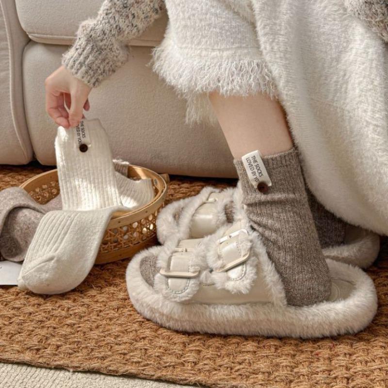 Women's Autumn and Winter Warm Solid Color All Purpose Fabric Logo Button Vertical Stripe Wool Tube Socks