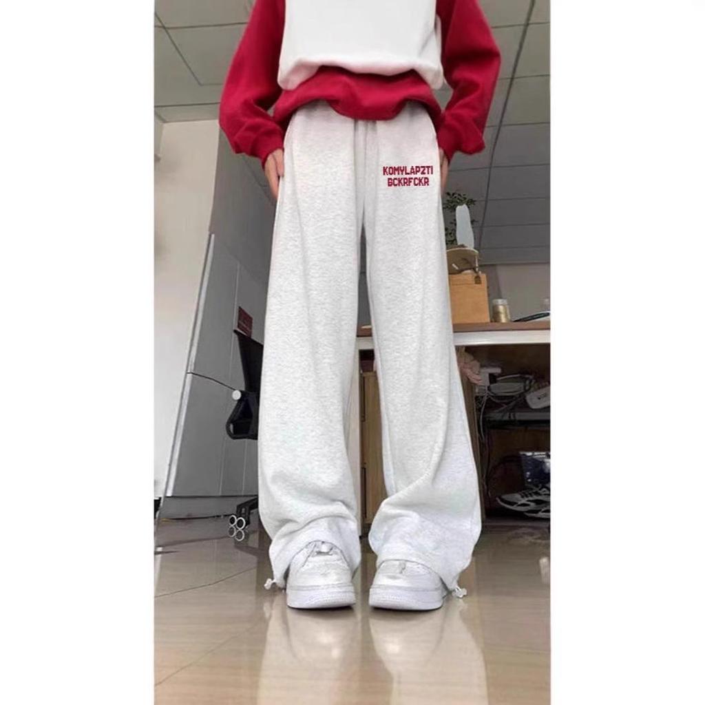 Korean-Style Fleece-Lined Wide-Leg Joggers: Solid Color Autumn/Winter Pants