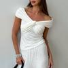 One-Shoulder T-Shirt Summer Street Trend Hot European And American Top Pleated V-Neck Off-Shoulder Short-Sleeved T-Shirt