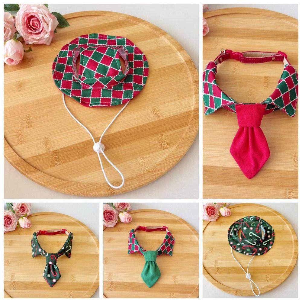 Plaid Pattern Cat Neck Tie Leash Ring .Plaid Puppy Hat Christmas Pet Collar Puppy Kittens