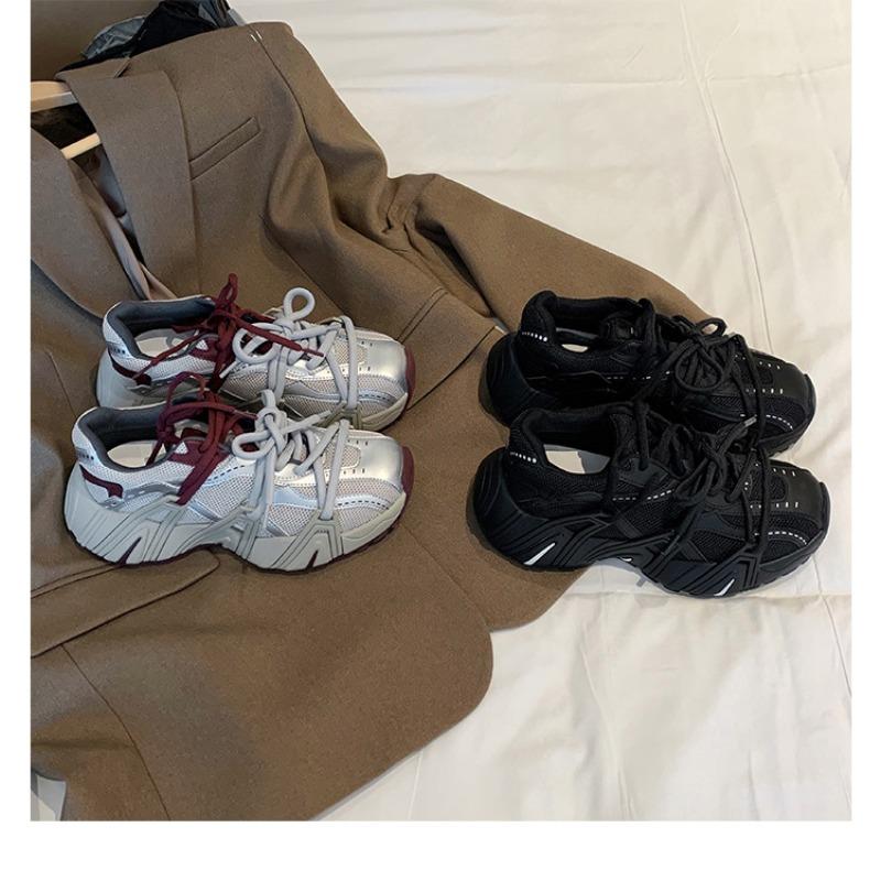 Sheepskin version~ fashionable mesh splicing thick-soled heightening sports and leisure shoes dad shoes women's new leather muffin shoes