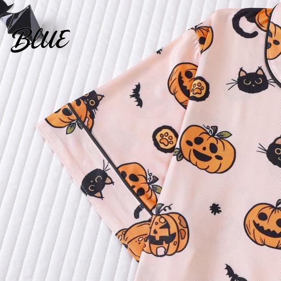 Seasonal Halloween Pajamas Pajama Sets for Women Button Down Short Sleeve 2 Fun Halloween-themed Piece Sleepwear Pumpkin Print Shirts And Shorts