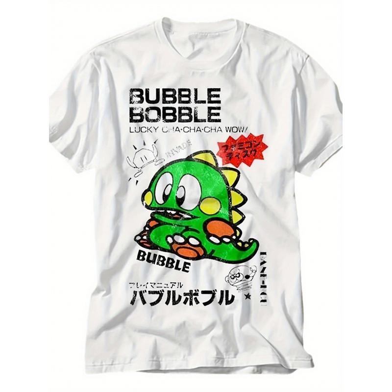 Men'S Vintage Arcade Bubble Bobble Tee - Features a Classic Arcade Game Design with a Green Monster Motif - Short White Sleeves Perfect for Gamers,