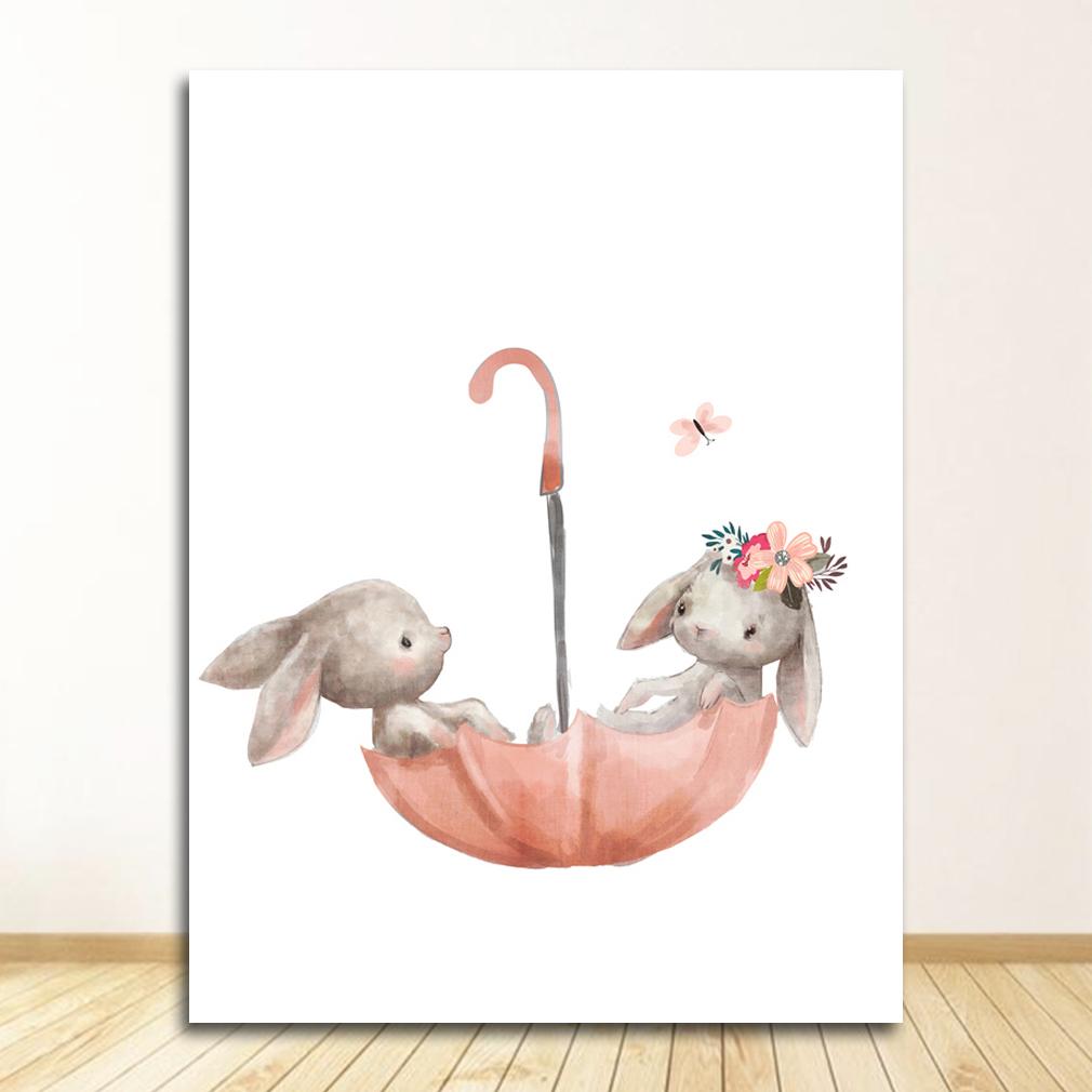 Pink Flowers Girl Baby Room Decor Cartoon Picture Bunny Poster Paintings Animals Nursery Wall Art Print Rabbit Canvas Painting
