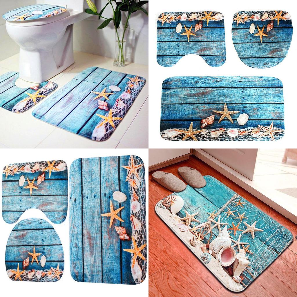 Luxurious 3pcs Beach Nonslip Bathroom Toilet Seat Cover Pedestal Rug Bath Mat Carpet Set