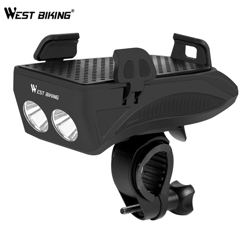 WEST BIKING 4 in 1 Bicycle Light Flashlight Bike Horn Alarm Bell Bicycle Phone Holder Bike Bicycle Accessories USB Rechargeable Cycling Front Light Black 2000 mAh