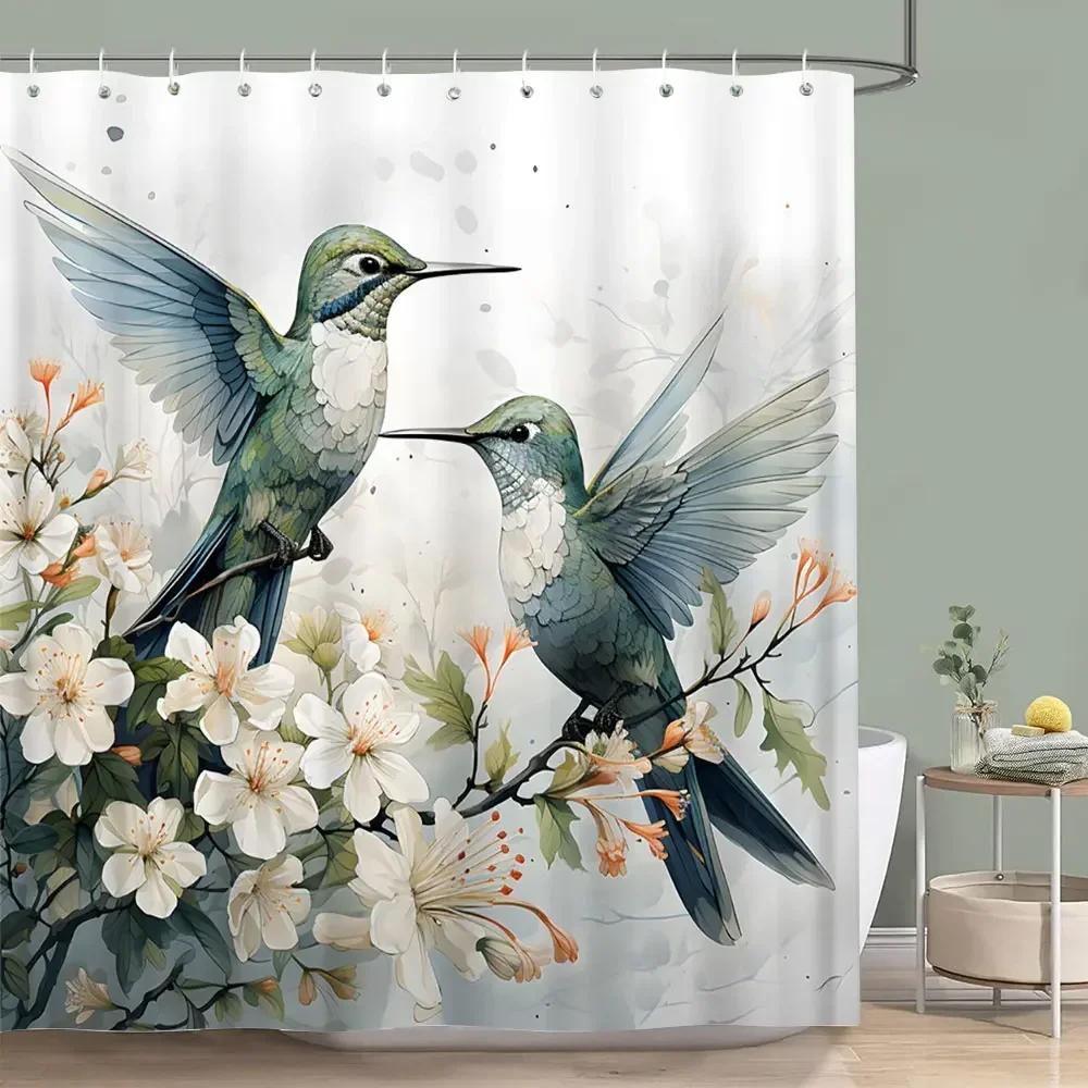 Hummingbird Floral Shower Curtain Birds Watercolour on Flower Branches Printed Polyester Bath Curtains Bathroom Decor with Hooks