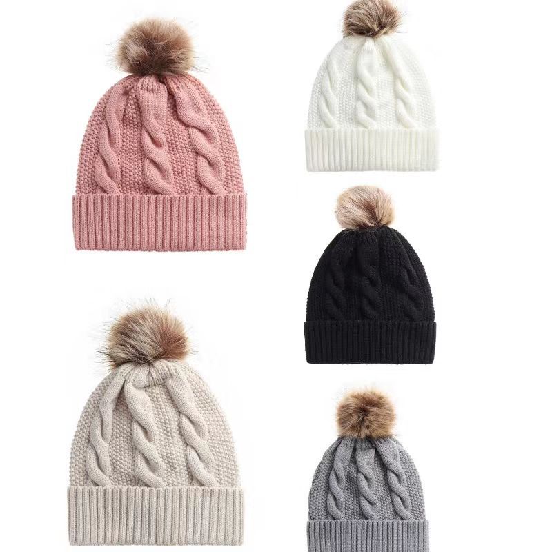 Factory Price MOQ 20 Custom Patch Embroidery logo Cuffed Jacquard Knitted Women Winter Beanie Pom Pom Hats