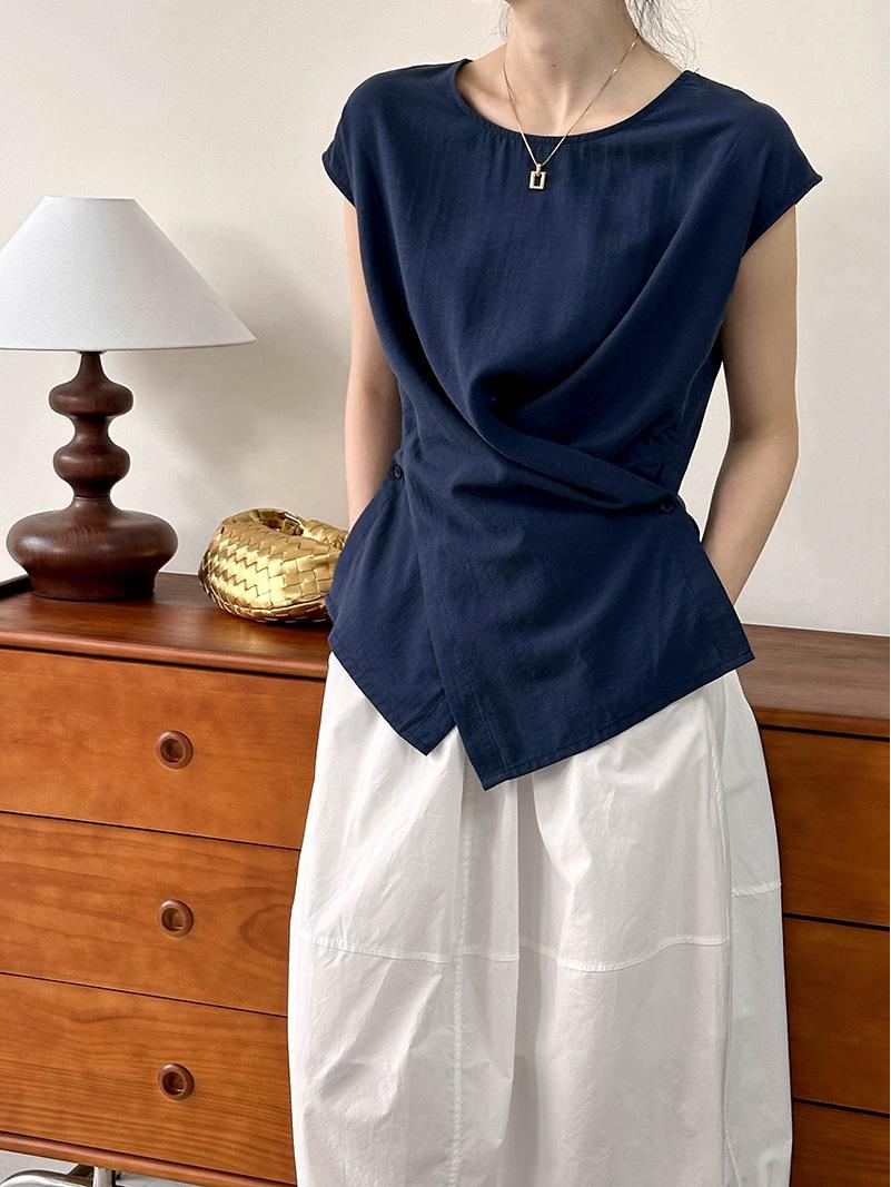 

Zhiyu Lun 2025 Лето Женский Шикарный Асимметричный Топ-Майка с Коротким Рукавом и Перекрещенными Бретелями Оранжевый One Size темно-синий