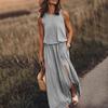 Vestido Largo Casual de Color Sólido sin Mangas con Cuello Redondo, Abertura Lateral, Ropa Nueva Europea y Americana para Mujer de Primavera y Verano