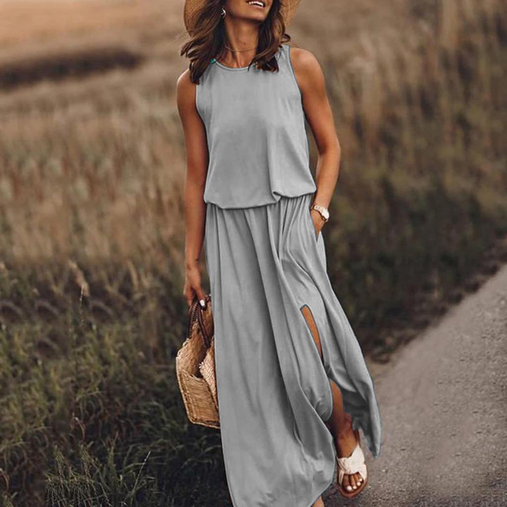 Vestido Largo Casual de Color Sólido sin Mangas con Cuello Redondo, Abertura Lateral, Ropa Nueva Europea y Americana para Mujer de Primavera y Verano