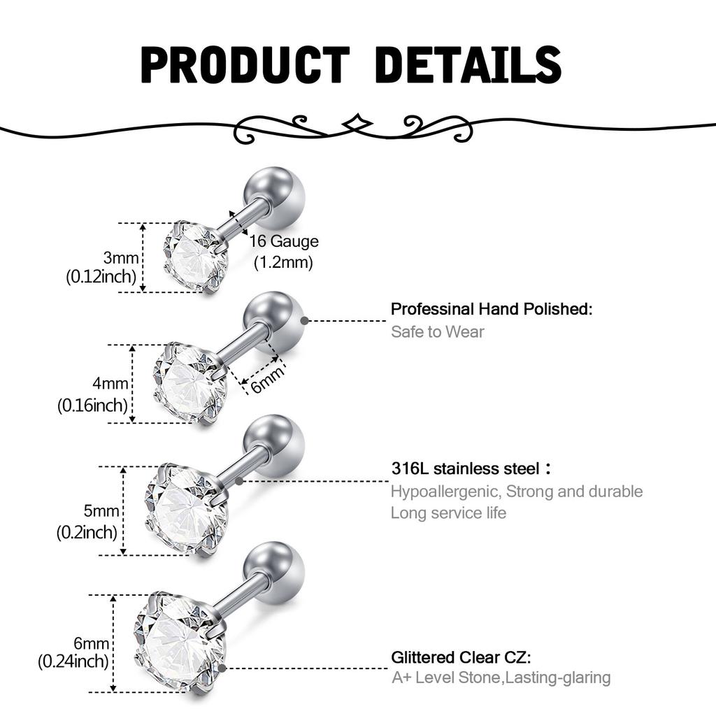 11pcs 316L Stainless Steel Cartilage Stud Earrings Helix Tragus Daith Earrings Body Ear Piercing Jewelry