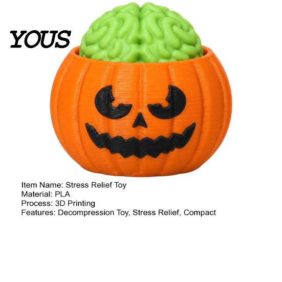 Desktop Plaything Halloween Pumpkin Stress Relief Toy, 3D Printed Sensory Fidget Realistic Gift for Friends Soft Rebound Brain Shape Squeeze