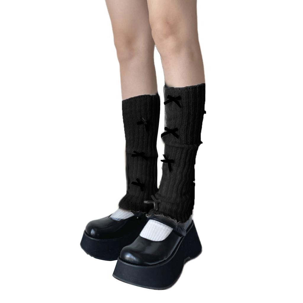 Sweet Girls Leg Warmers Women Ribbed Knit Foot Covers Elegant Bowknot Ruffled Trim Boot Cuffs Footless Long Calf Socks