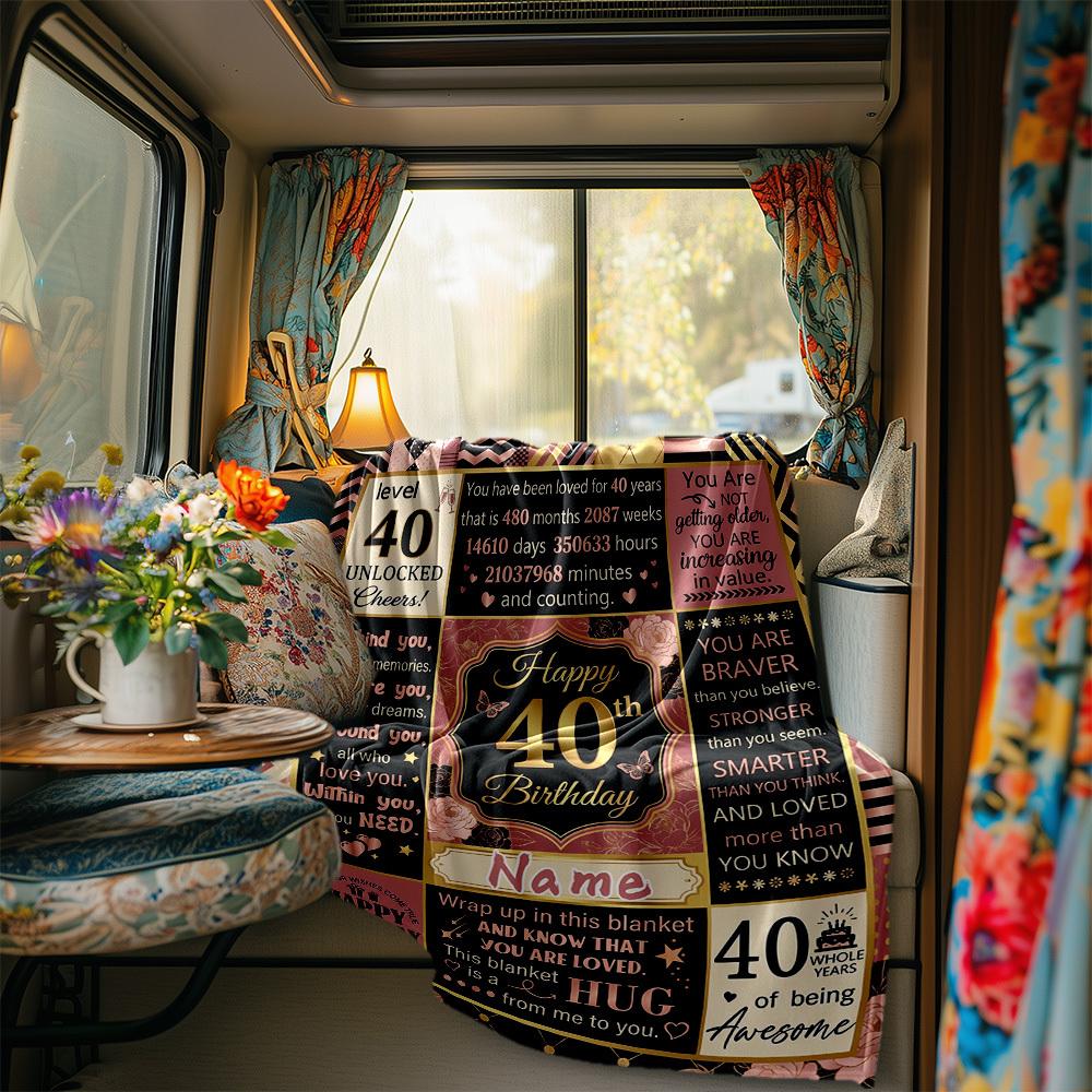 Happy 40Th Birthday Celebration Blanket Personalized Name Soft Comfortable Stylish Blanket Car Blanket Perfect For Travel Camping Outdoor Home
