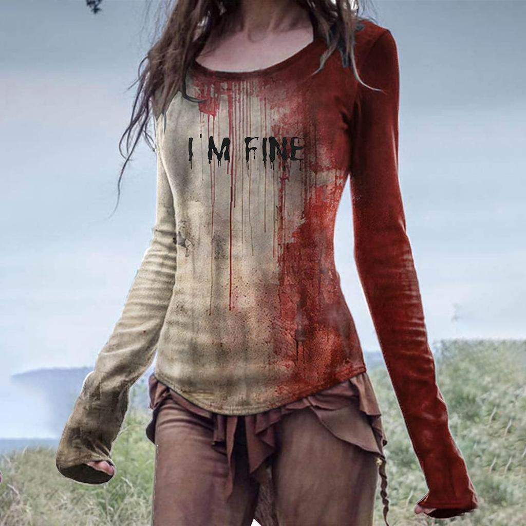 Women's Scoop Neck Long Sleeve T-Shirt Halloween Blood Hand I'm Ok It's Not My Blood 3D Print Gothic Casual Top S-5XL