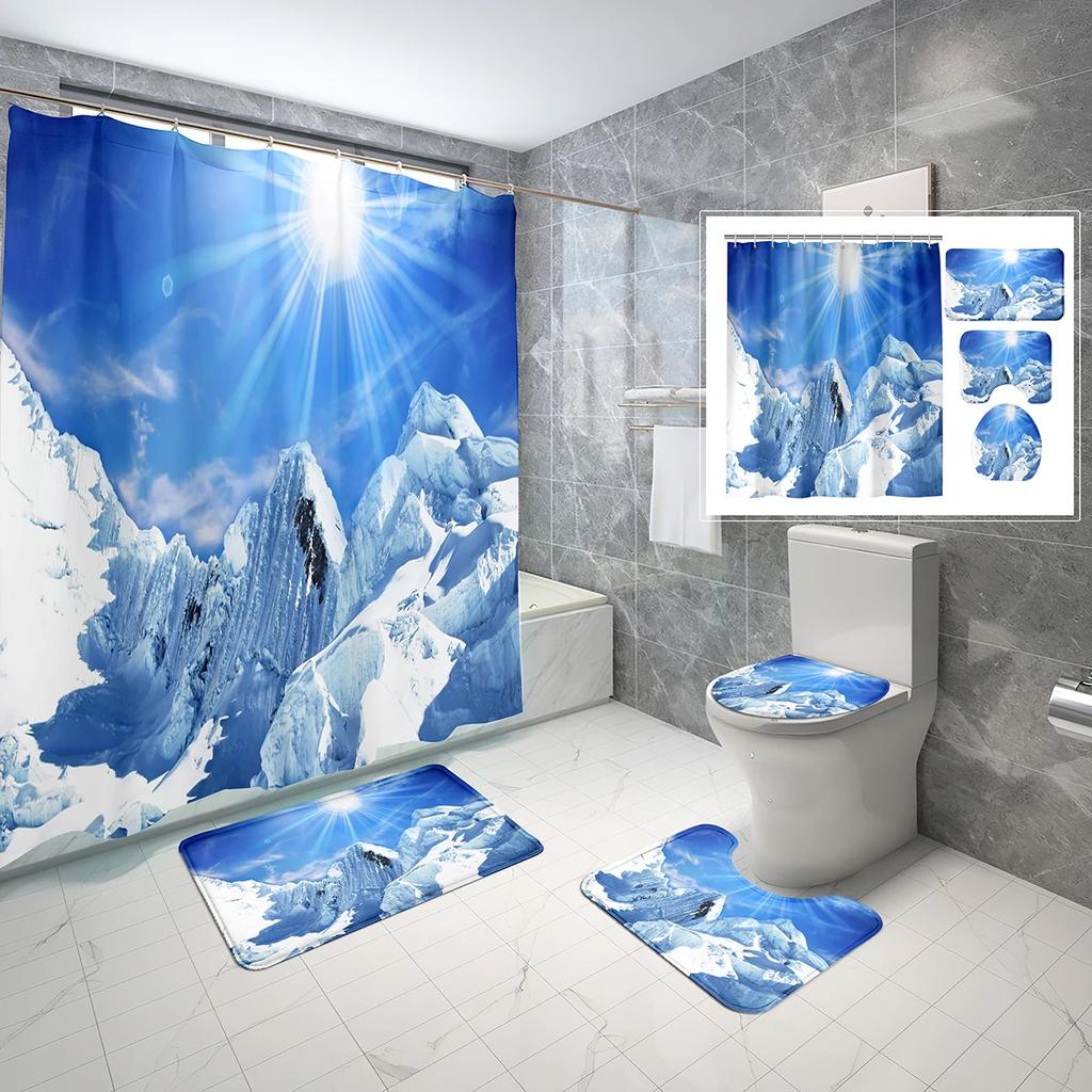 Schneeberg Duschvorhang-Set Schöne Naturlandschaft Duschvorhang Rutschfeste Badematte Toilettendeckelbezug Für Badezimmerdekoration