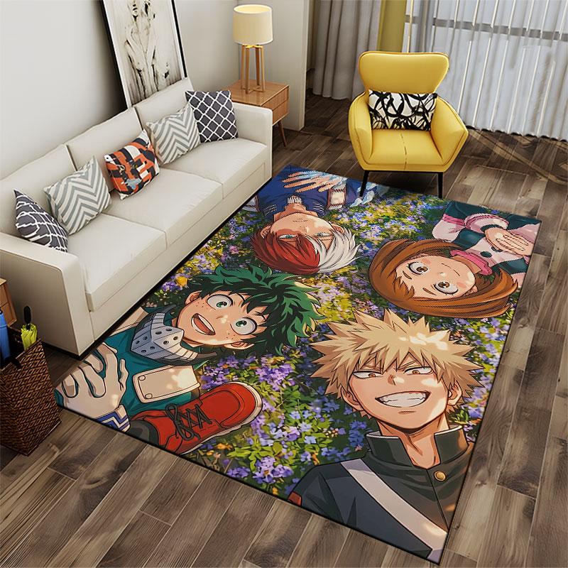 Anime Characters On Floral Carpet Suitable As a Non-slip Mat for the Living Room or Bedroom Sofa