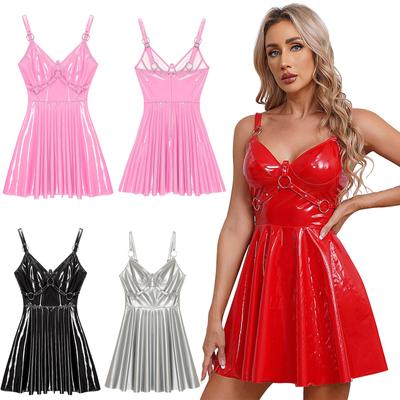 Women's Sexy Deep V Sleeveless Mini PU Leather Dress Shiny Cocktail Party Clubwear Plus Size S-5XL