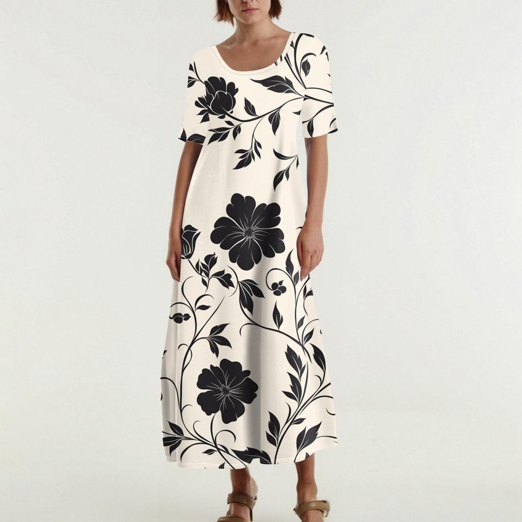 Dames Modieuze En Casual Lange Strandrok Ronde Hals Korte Mouwen Losse Retro Print Jurk