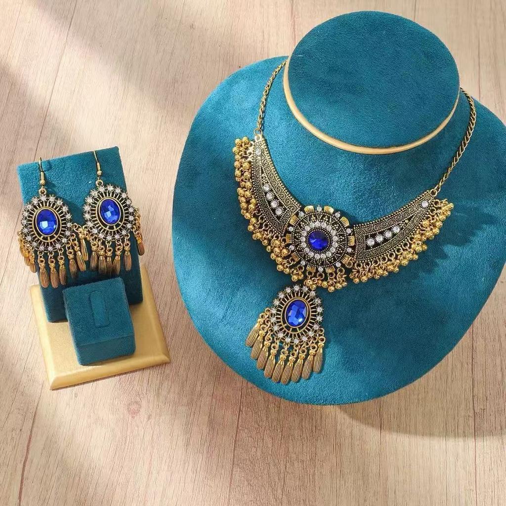 Ethnic Style Crystal Rhinestone Geometric Necklace and Earring Set , Boho Chic Adjustable Length Jewelry